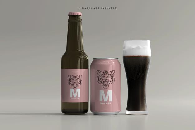 330Ml Medium Size Soda Or Beer Can And Bottle Mockup Psd