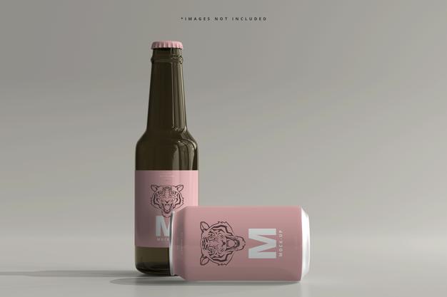 330Ml Medium Size Soda Or Beer Can And Bottle Mockup Psd