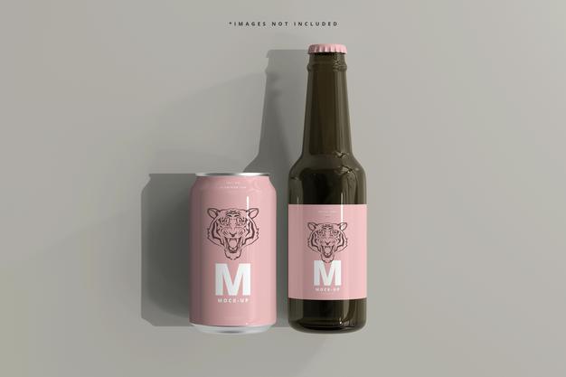 330Ml Medium Size Soda Or Beer Can And Bottle Mockup Psd