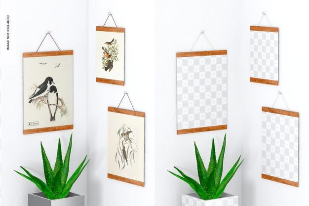 3:4 Wooden Frame Poster Hanger Set Mockup, Perspective Psd