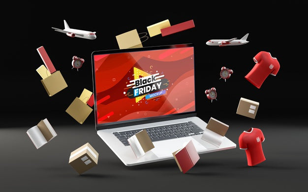 3D Black Friday Items On Black Background Psd