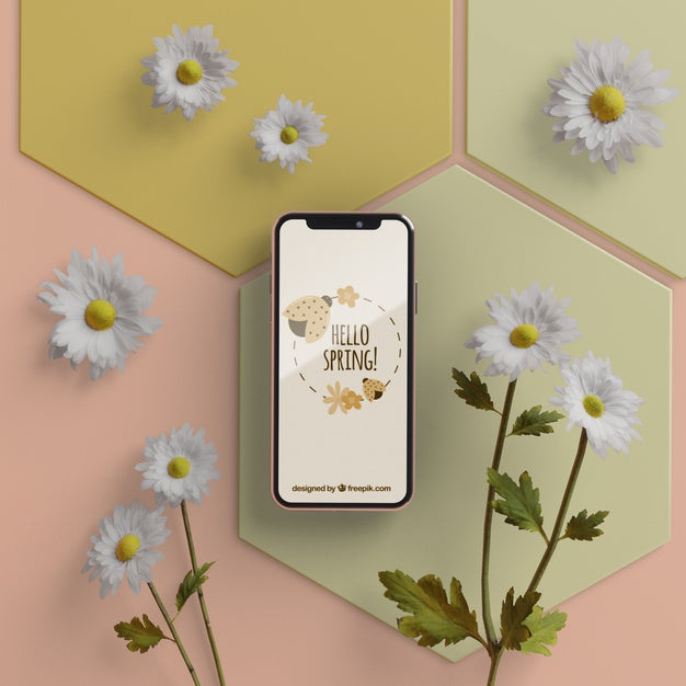3D Flowers With Mobile On Table Psd