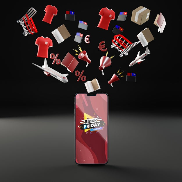 3D Flying Objects And Mobile Phone Mock-Up Black Background Psd