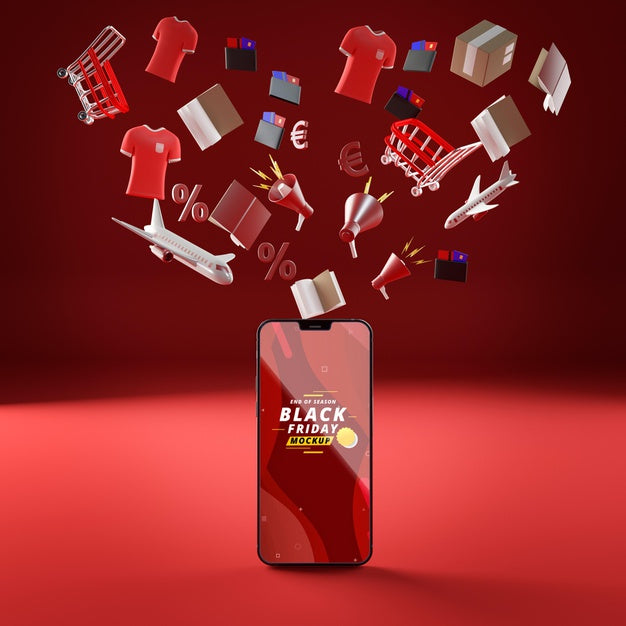 3D Flying Objects And Mobile Phone Mock-Up Red Background Psd
