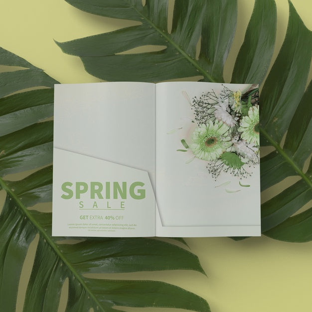 3D Foliage With Spring Card On Table Mock-Up Psd