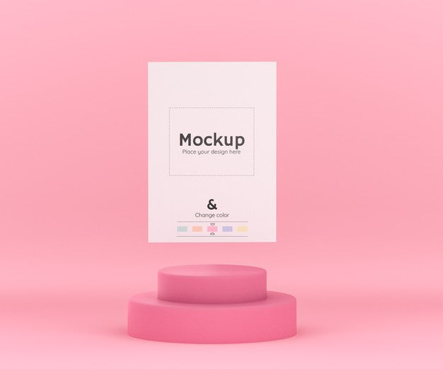 3D Geometrical Pink Environment With Cylinder Podium For Paper Sheet Mockup And Editable Color Psd