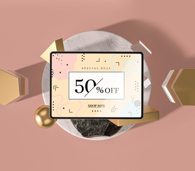 3D Mock-Up Digital Tablet And Geometric Shapes Psd