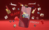 3D Objects And Phone For Black Friday On Red Background Psd