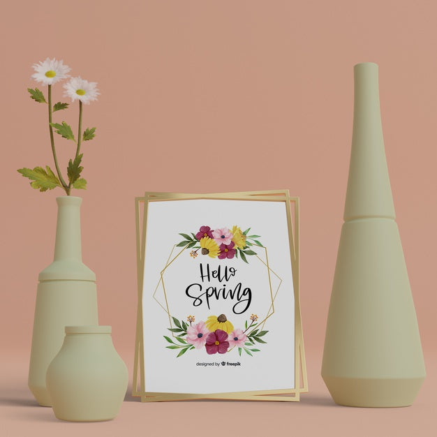3D Ornaments And Hello Spring Card On Table Psd