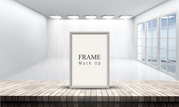 3D Picture Frame On A Wooden Table Looking Out To A White Empty Room Psd
