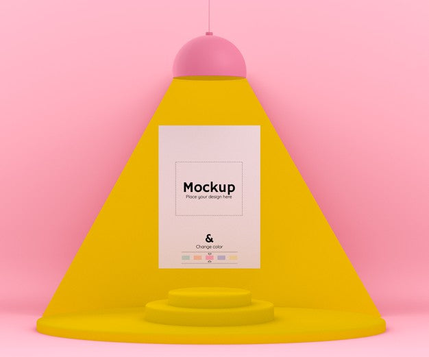 3D Pink And Yellow Environment With A Lamp Lighting Up A Mockup Paper Sheet And Editable Color Psd