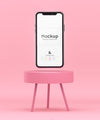 3D Pink Scene With A Cell Phone Floating On A Coffee Table And Editable Color Psd