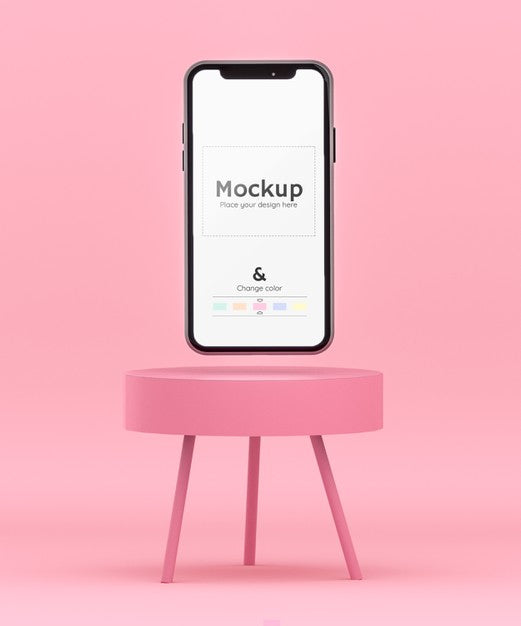 3D Pink Scene With A Cell Phone Floating On A Coffee Table And Editable Color Psd