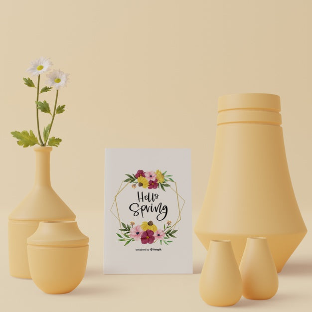 3D Thematic Spring Card And Decorations On Table Psd