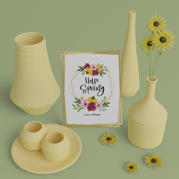 3D Vases And Spring Card On Table Psd