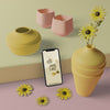 3D Vases With Flowers Beside Mobile With Mock-Up Psd