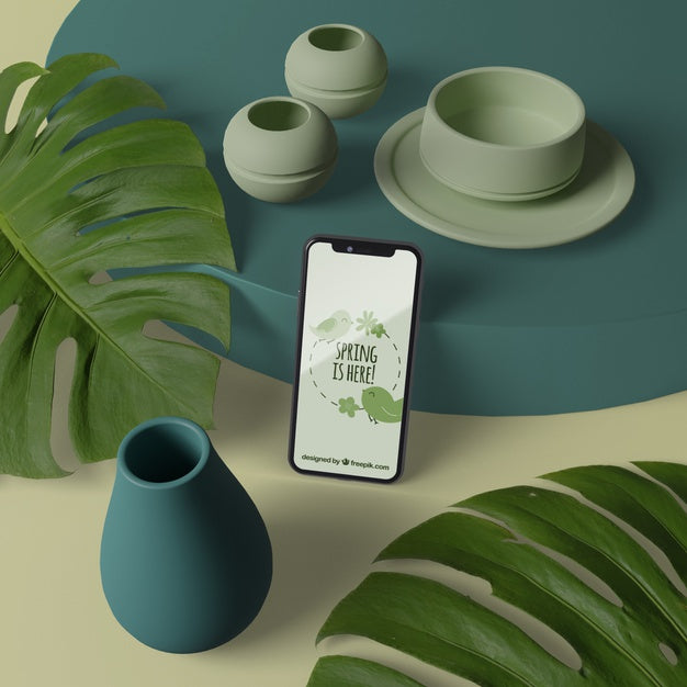 3D Vases With Flowers Beside Phone With Mock-Up Psd