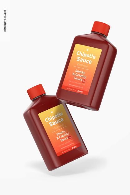 4 Oz Chipotle Sauce Bottles Mockup, Floating Psd