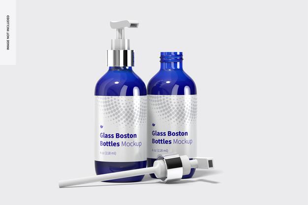 4 Oz Glass Boston Bottles Mockup, Opened And Closed Psd