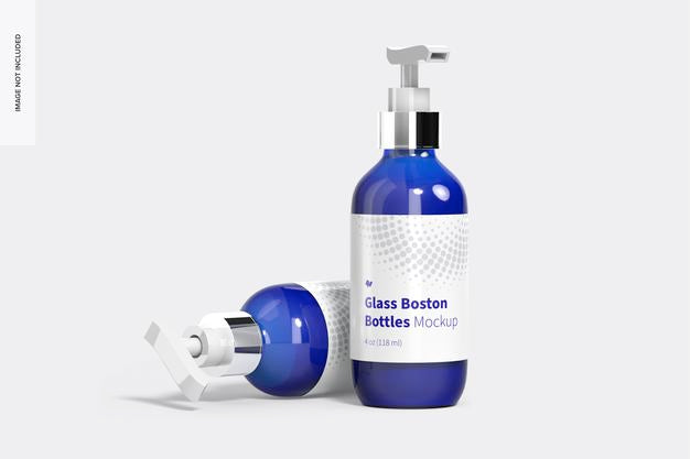 4 Oz Glass Boston Bottles Mockup, Standing And Dropped Psd