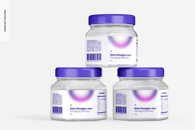 4 Oz Glass Hexagon Jar Set Mockup Psd