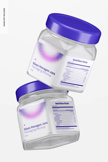 4 Oz Glass Hexagon Jars Mockup, Falling Psd