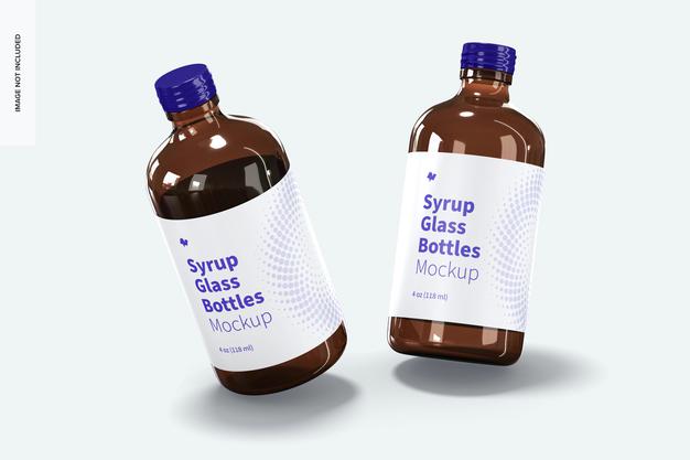 4 Oz Syrup Glass Bottles Mockup, Falling Psd