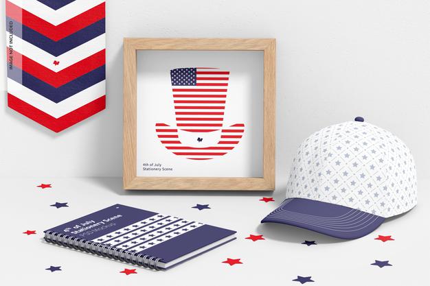4Th Of July Celebration Stationery Scene Mockup, Right View Psd