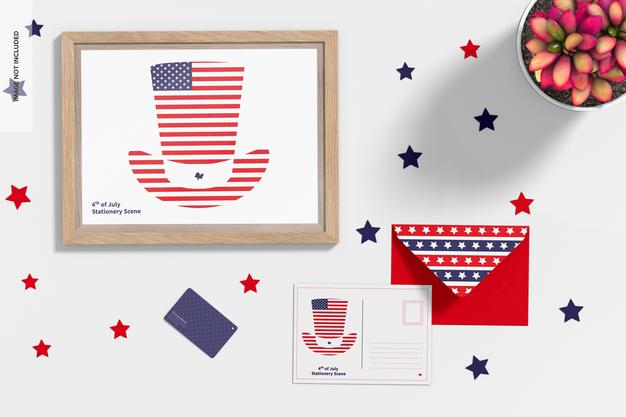 4Th Of July Celebration Stationery Scene Mockup, Top View Psd