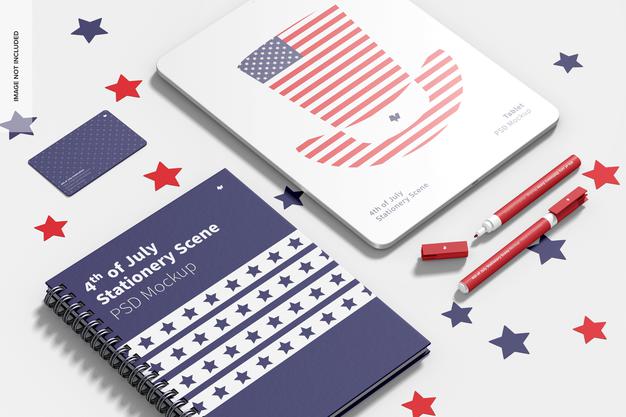 4Th Of July Stationery Scene Mockup, Perspective Psd