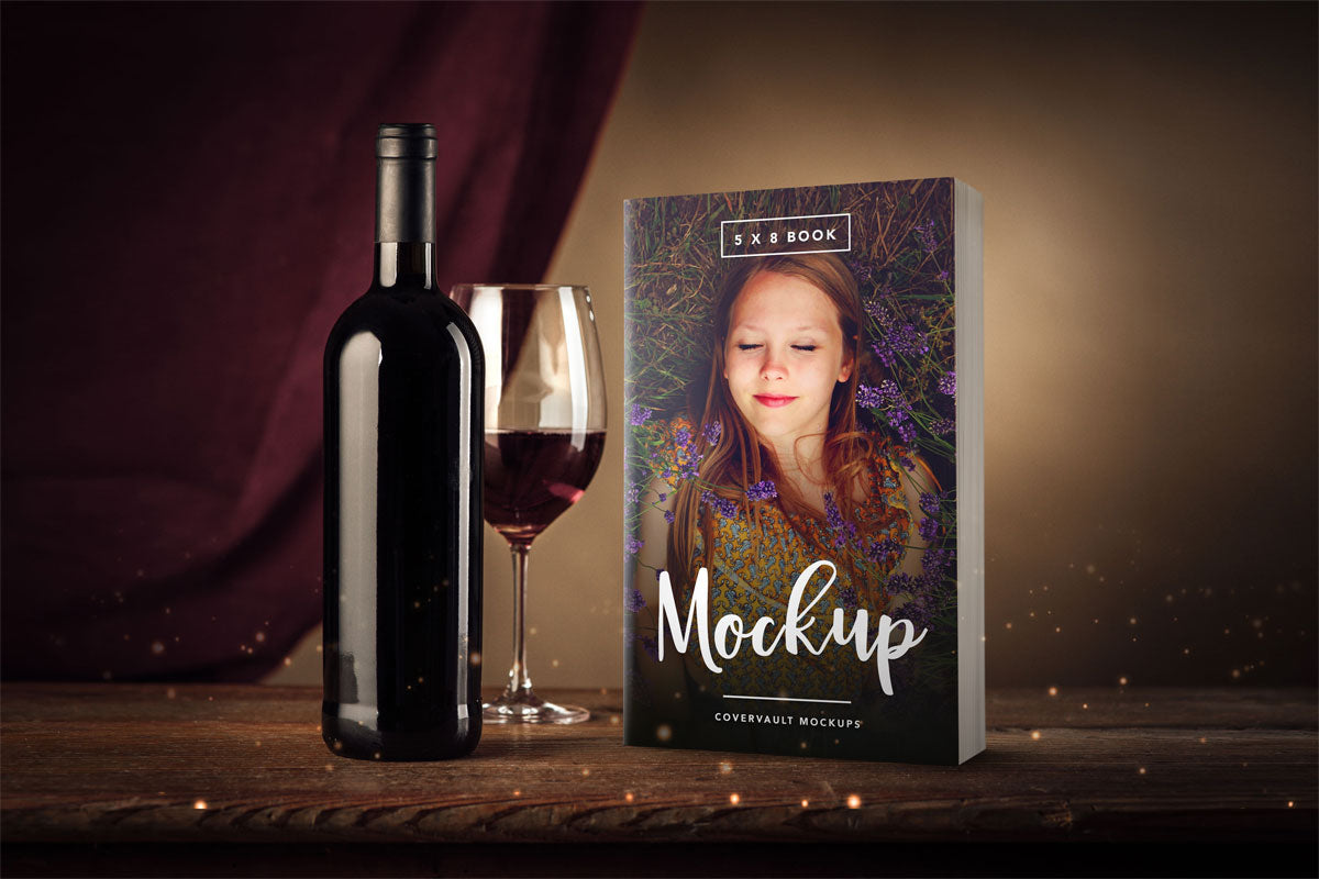 5 X 8 Paperback Book Mockup With Wine Glass