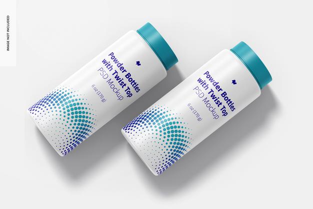 6 Oz Powder Bottles With Twist Top Mockup, Top View Psd