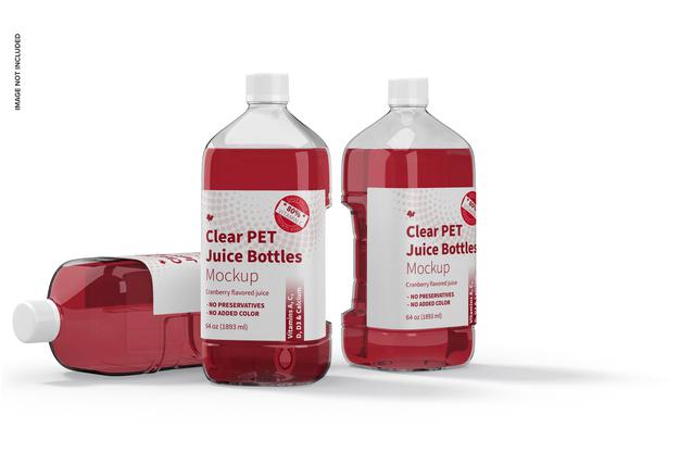 64 Oz Clear Pet Juice Bottles Mockup, Standing And Dropped Psd