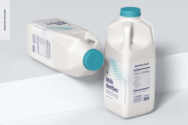 64 Oz Milk Bottles Mockup, Perspective View Psd