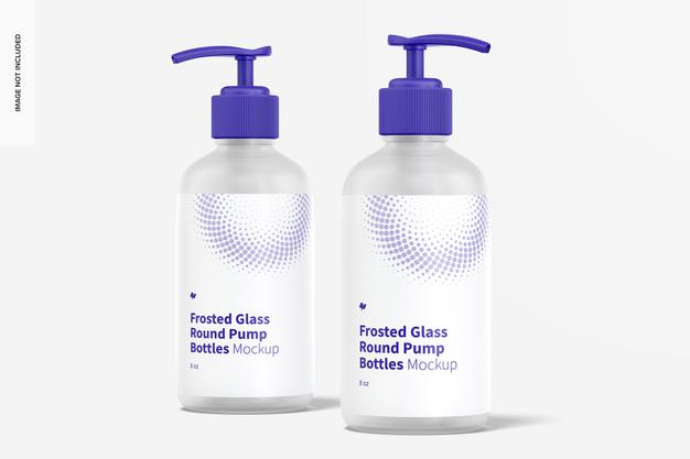 8 Oz Frosted Glass Round Pump Bottles Mockup, Front View Psd