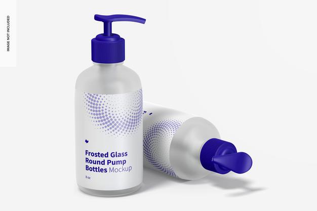 8 Oz Frosted Glass Round Pump Bottles Mockup Psd
