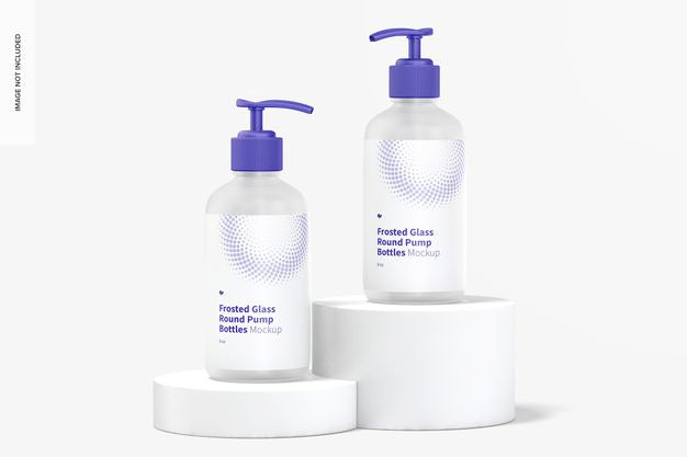 8 Oz Frosted Glass Round Pump Bottles Mockup View Psd