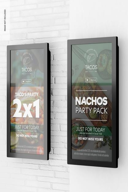 86' Wall Digital Screens Mockup, Side Right View Psd