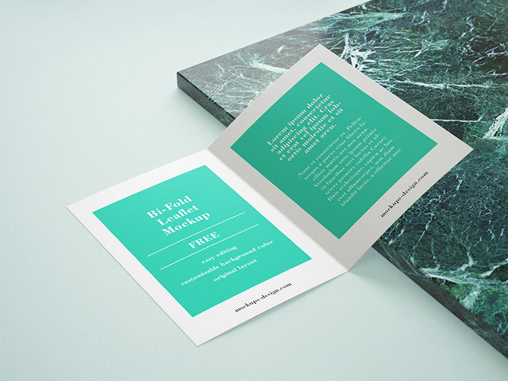 Creative Mockup of Bi-Fold Leaflet Brochure with Marble Rock Panel