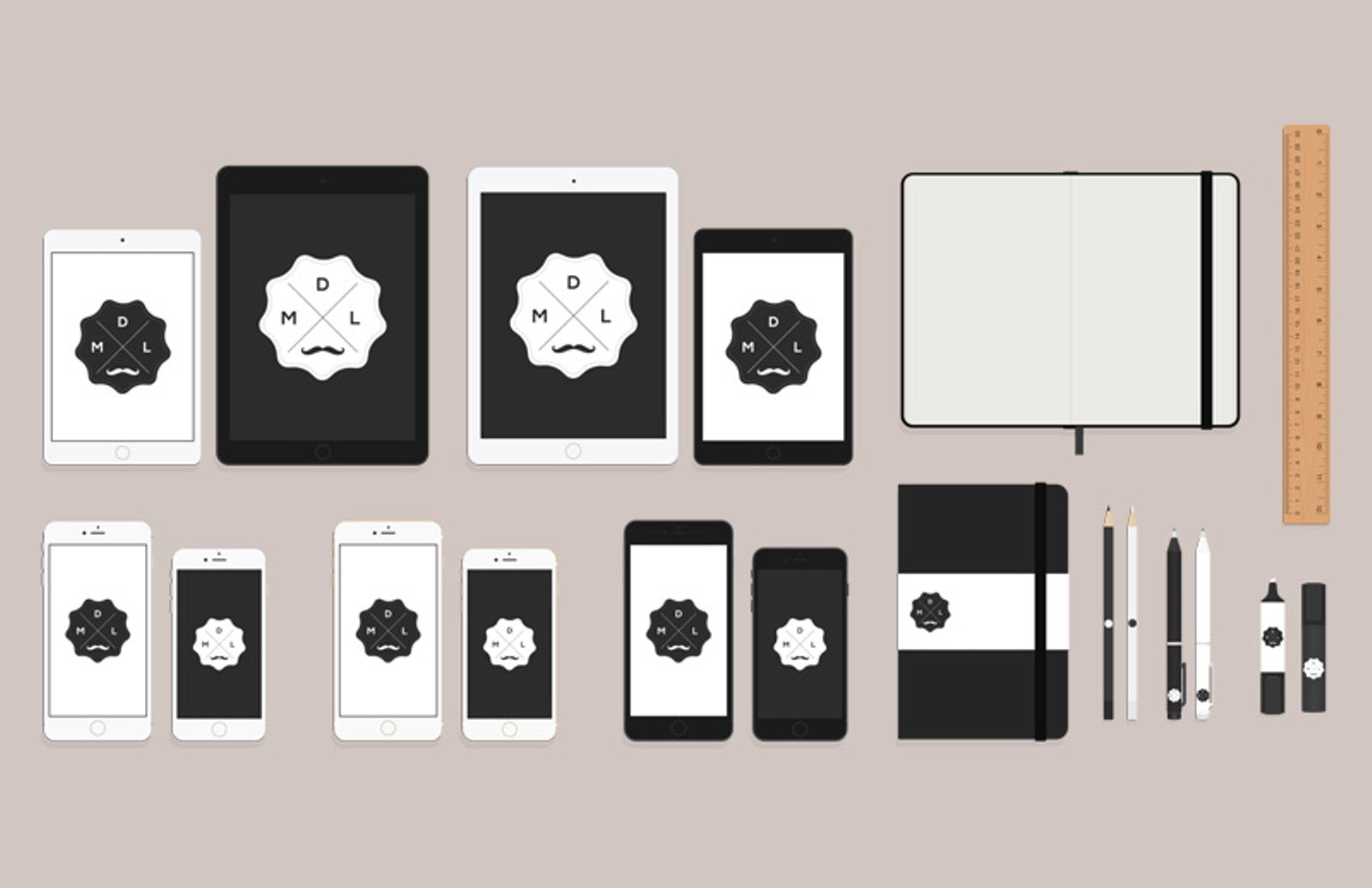 Flat Stationery and Office Desk Items Mockup