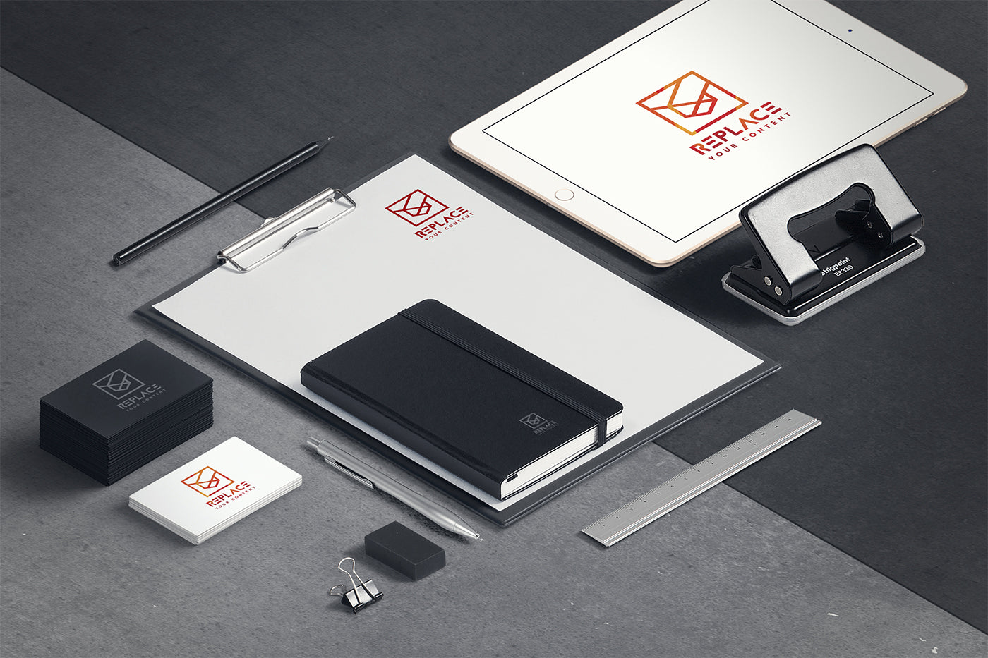 Isometric Stationery Mockup Scenes (Including Macbook Pro, Notebook and Business Card Mockup)