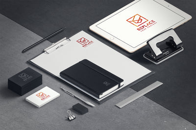 Isometric Stationery Mockup Scenes (Including Macbook Pro, Notebook and Business Card Mockup)