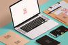 Isometric Stationery Mockup Scenes (Including Macbook Pro, Notebook and Business Card Mockup)