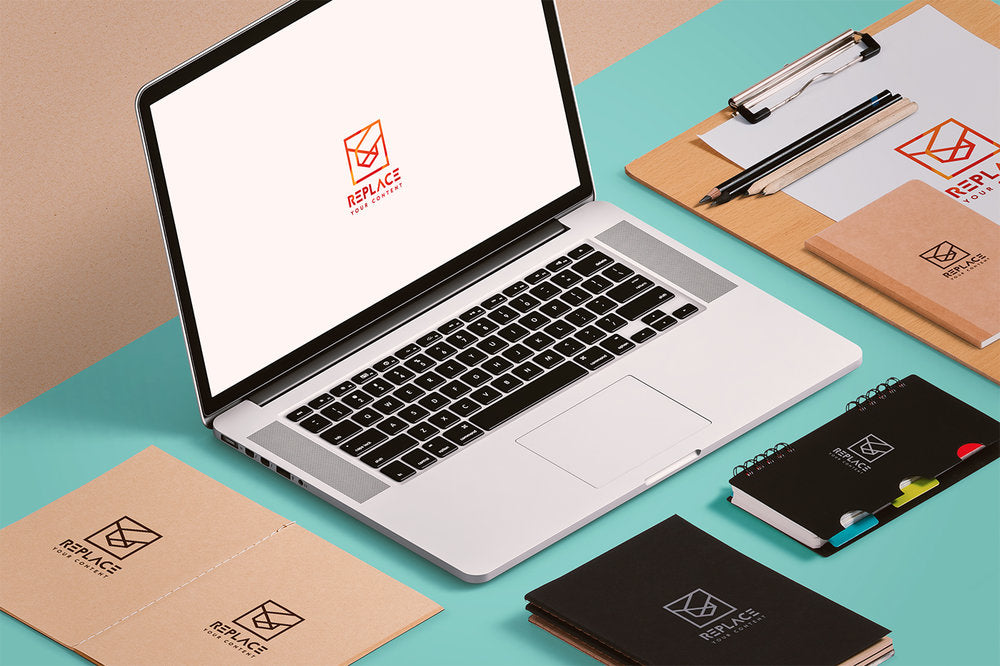 Isometric Stationery Mockup Scenes (Including Macbook Pro, Notebook and Business Card Mockup)