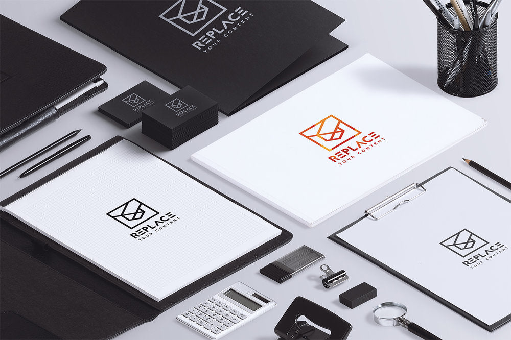 Isometric Stationery Mockup Scenes (Including Macbook Pro, Notebook and Business Card Mockup)
