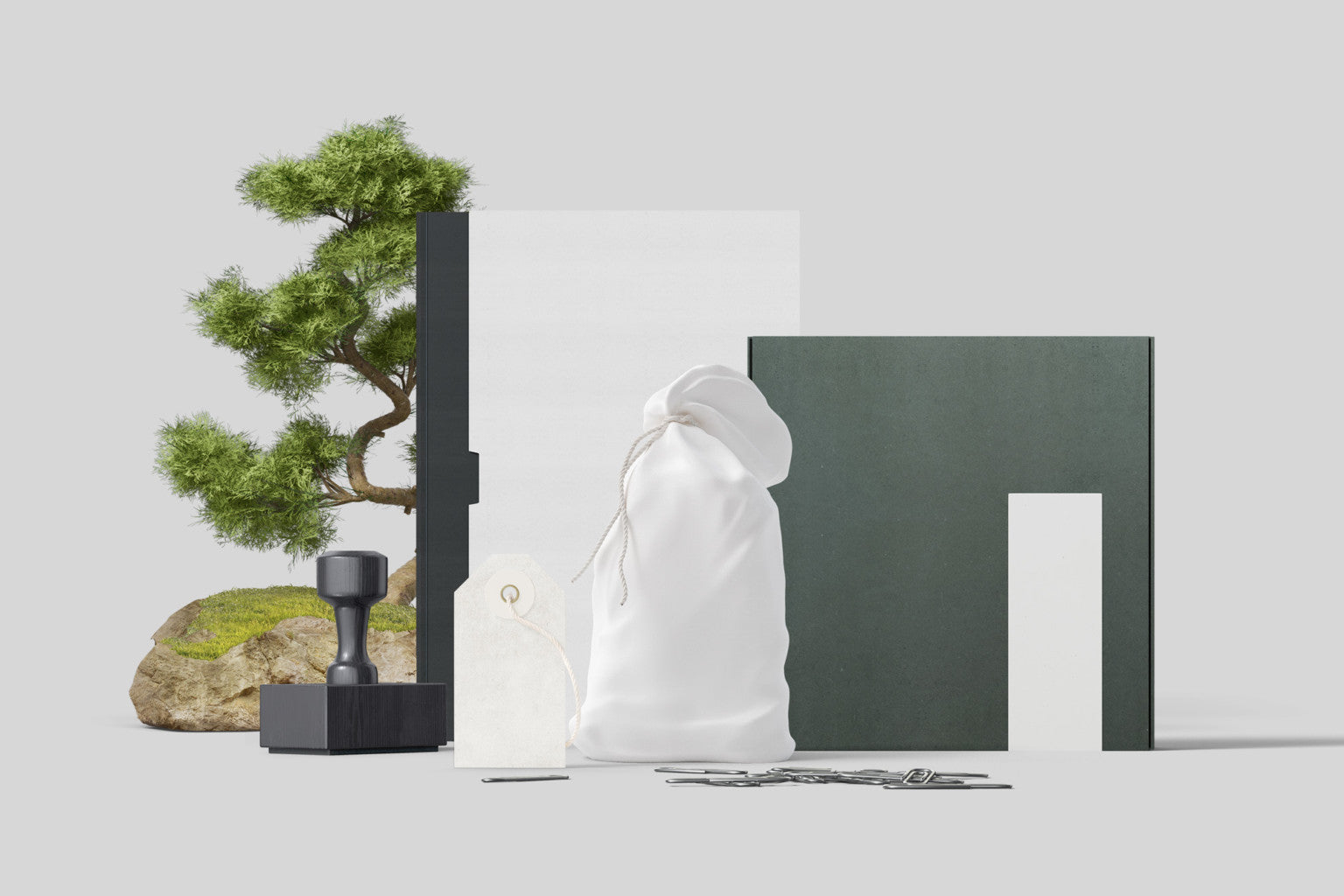 Branding Mockups Book, Tag, and Box in One Scne