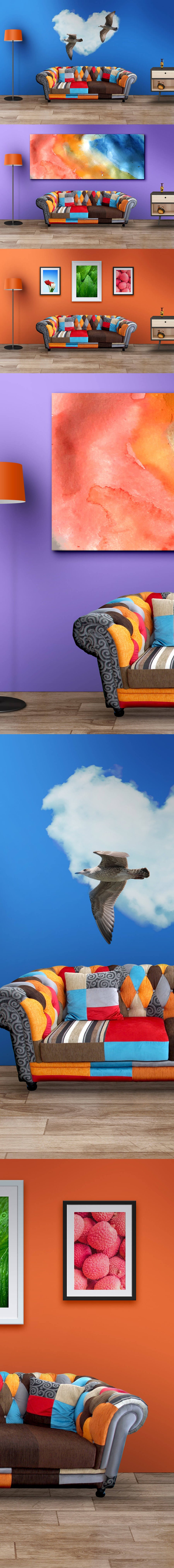 Living Room Wall Art Canvas and Frame Mockup PSDs