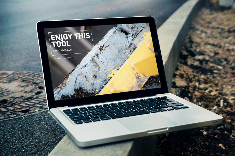Macbook Pro, iPhone and iPad on the Street PSD Mockup