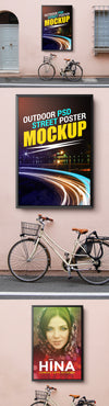 Outdoor Street Poster Frame Mockup with Bicycle, Door and Window