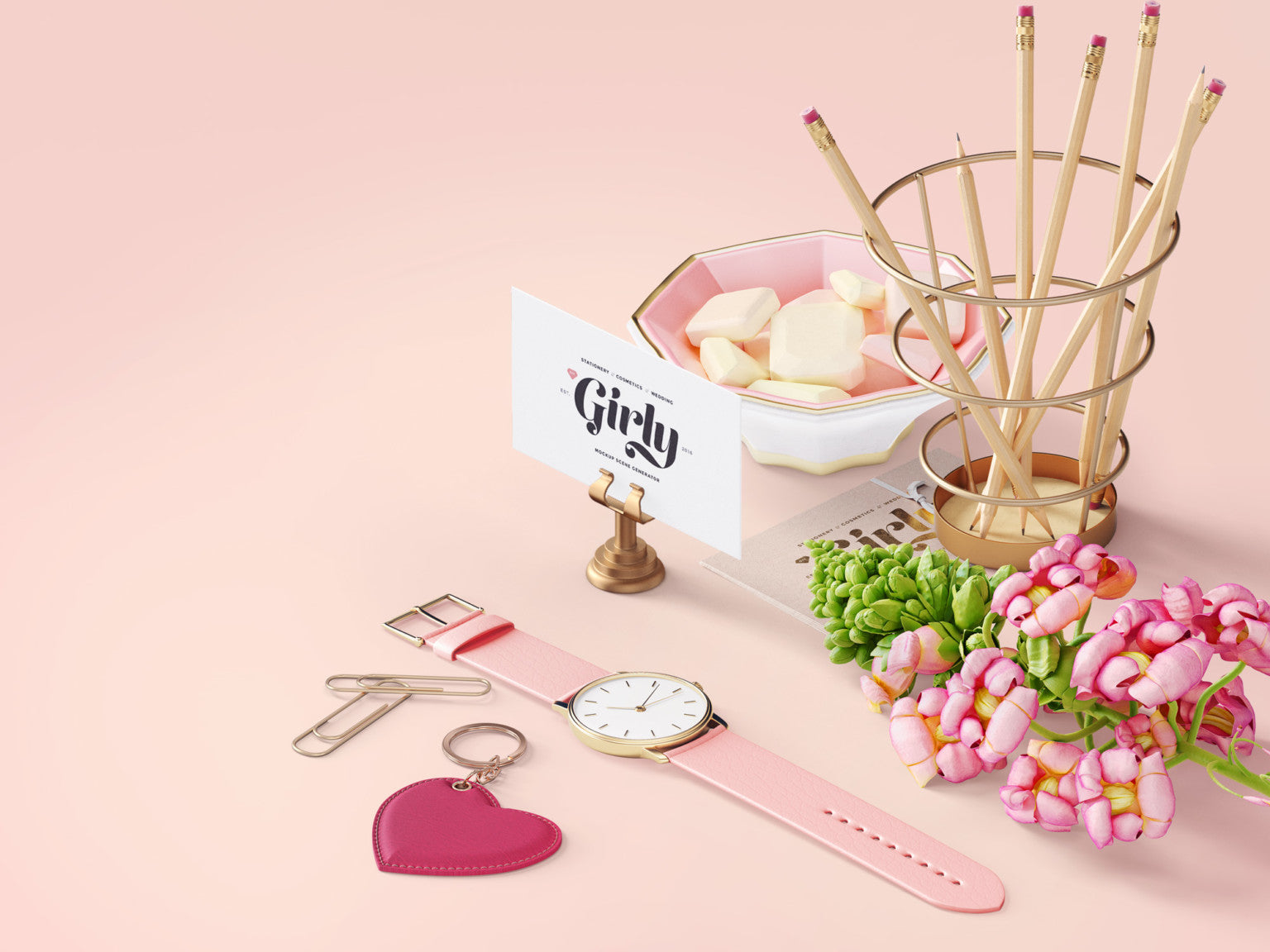 Three Perspectives of Girly Branding Scene Mockups